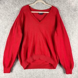 Vintage Lands End Drifter Sweater Mens XL Red Knit Cotton V Neck USA Made 90s